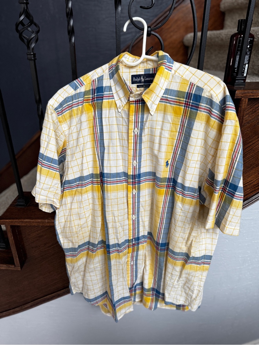Large Ralph Lauren Yellow Plaid Short-Sleeve Button-Down Shirt